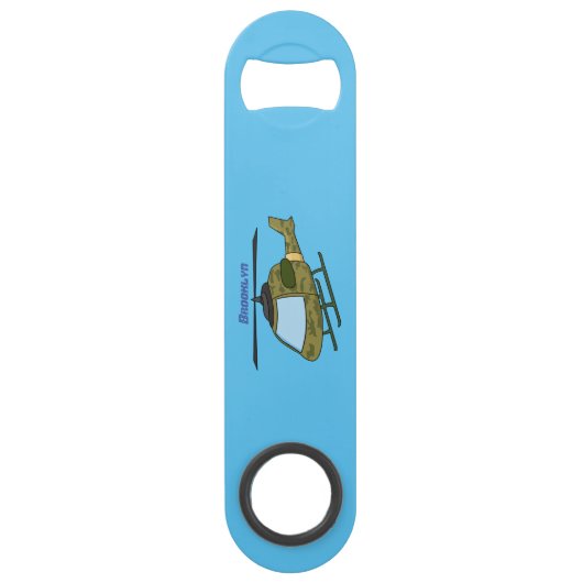 Cartoon van camoflage-helikopters van het vliegenl speed flessenopener (Achterkant)