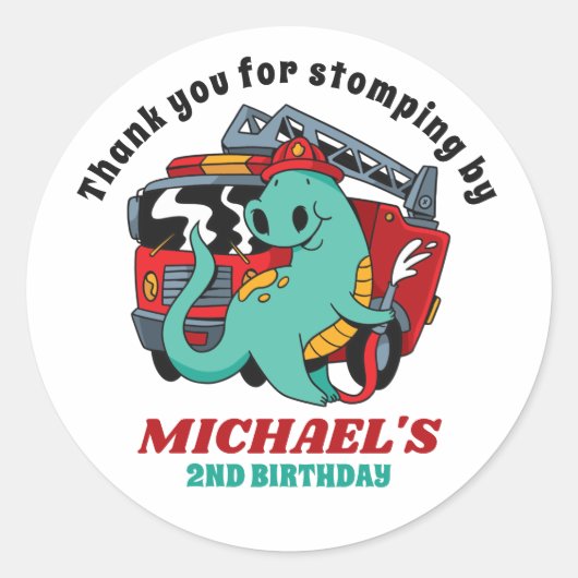 Cartoon van de brandweerman Dinosaur Ronde Sticker (Voorkant)