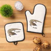 Cartoon van de hagedis ovenwant & pannenlap set (Top down)