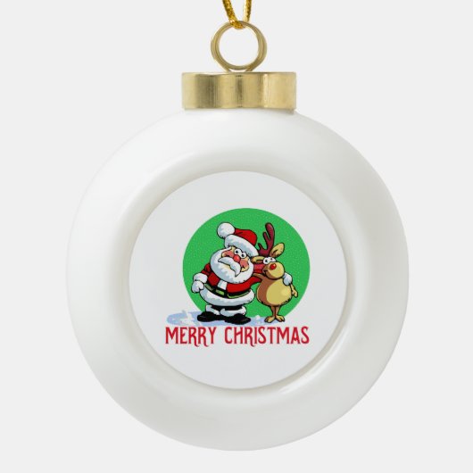 Cartoon van de kerstman met rendier keramische bal ornament (Voorkant)