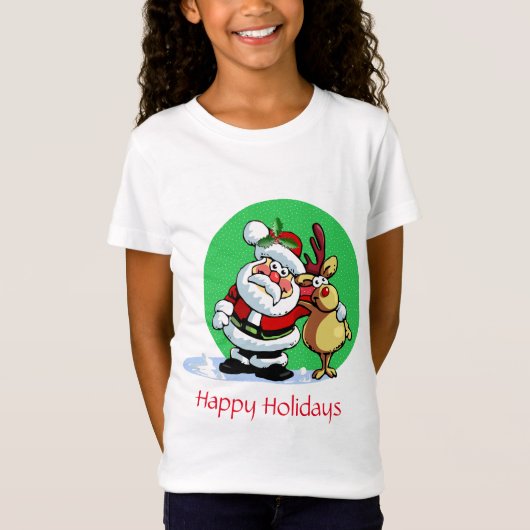Cartoon van de kerstman met rendier t-shirt (Voorkant)