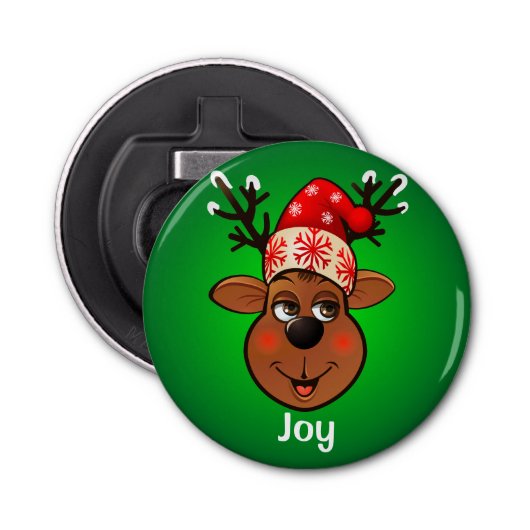 Cartoon van de rendierziekte van de kerstman Geper Button Flesopener (Voorkant)