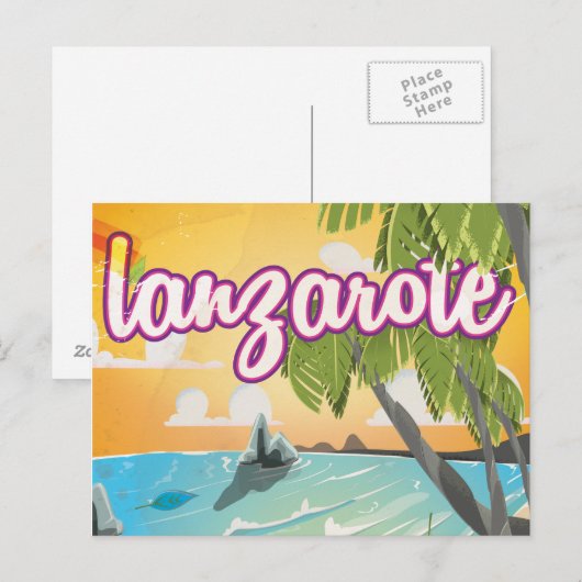 cartoon van de  strandreisposter lanzarote briefkaart (Voorkant / Achterkant)