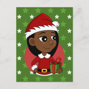 Cartoon van een Afrikaans Amerikaans kerstmeisje Feestdagenkaart