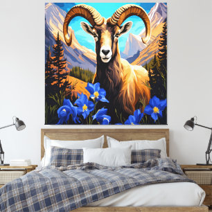 Cartoon van een Colorado-dikhoornschaap en blauwe Canvas Afdruk