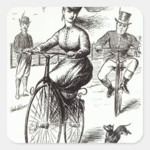 Cartoon van een dame op een Velocipede, 1869 Vierkante Sticker