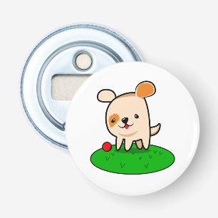 Cartoon van een kotterende puppy button flesopener