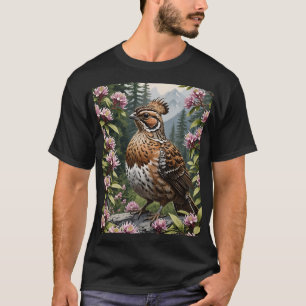Cartoon van een ruffed korhoen omgeven door bergen t-shirt