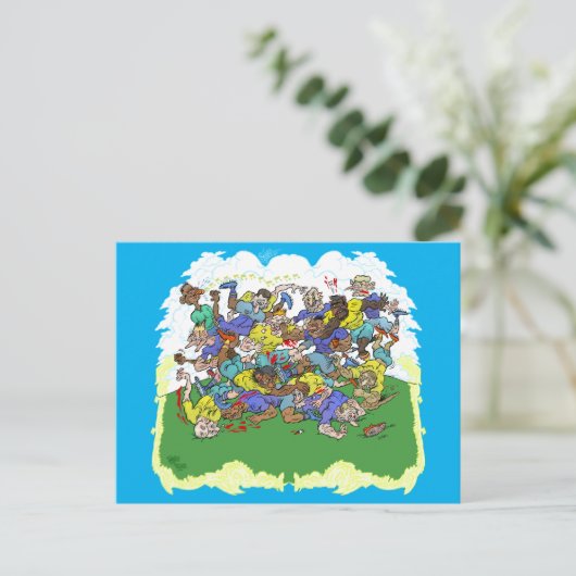 Cartoon van een Rugby match. Briefkaart (Staand voorkant)