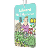 Cartoon van een tuinman in een prachtige tuin luchtverfrisser (Links)