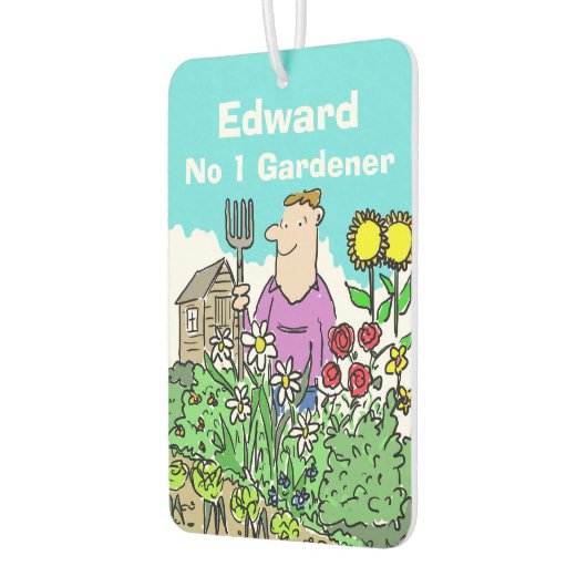 Cartoon van een tuinman in een prachtige tuin luchtverfrisser (Links)