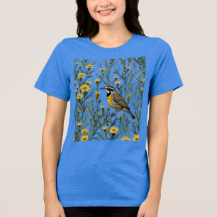 Cartoon van een westelijke graspieper omringd 1 Tri-Blend shirt