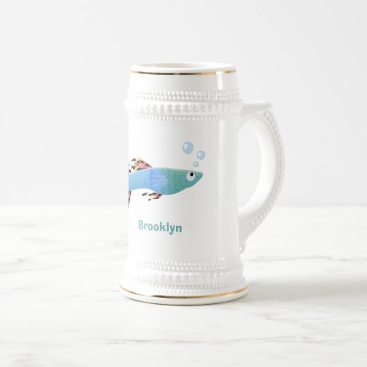 Cartoon van fancy guppy tropische vissoorten bierpul (Voorkant rechts)