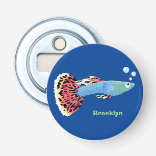 Cartoon van fancy guppy tropische vissoorten button flesopener