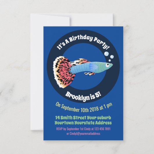 Cartoon van fancy guppy tropische vissoorten kaart (Voorkant)