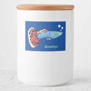Cartoon van fancy guppy tropische vissoorten voedselcontainer etiket
