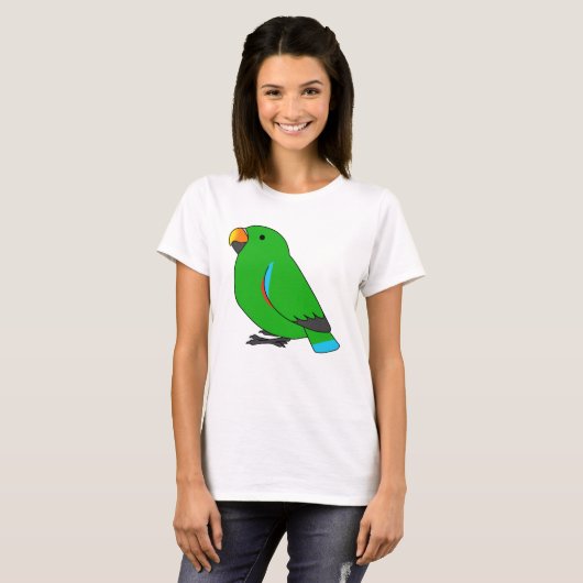 Cartoon van fluffe mannetjes, groene eclectus parr t-shirt (Voorkant volledig)