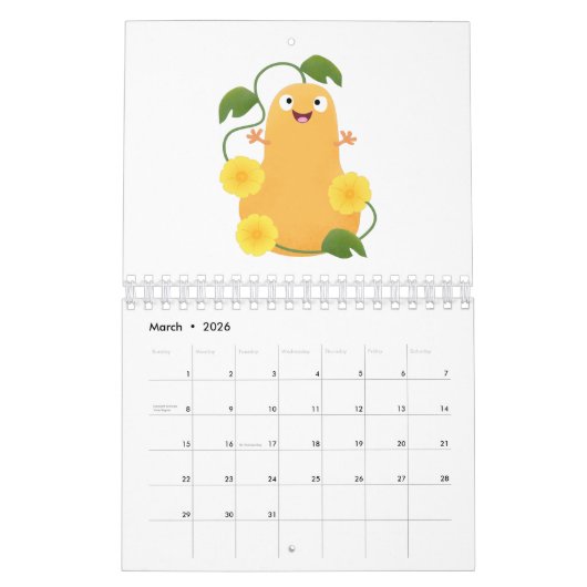 Cartoon van fruit, groenten en plant kalender (Mar 2026)