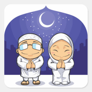 Cartoon van islamitisch Man vrouw groet ramadan Vierkante Sticker