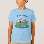 Cartoon van kattenjongen en hondenroeiboot t-shirt (Voorkant)