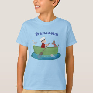 Cartoon van kattenjongen en hondenroeiboot t-shirt