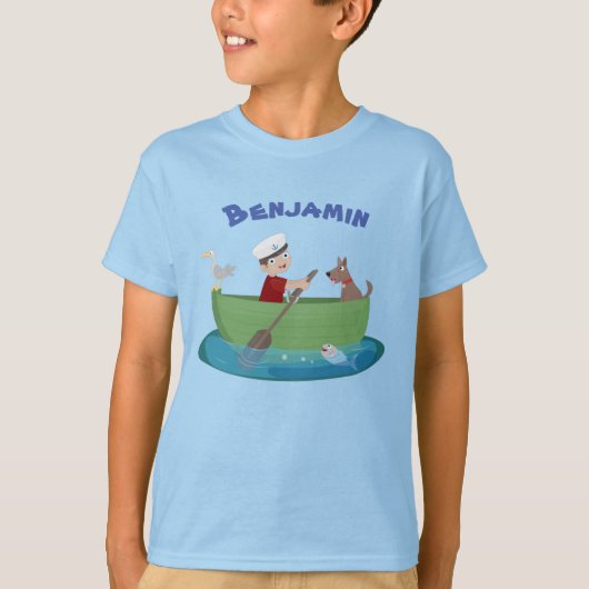 Cartoon van kattenjongen en hondenroeiboot t-shirt (Voorkant)