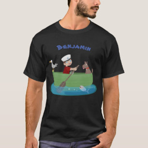 Cartoon van kattenjongen en hondenroeiboot t-shirt