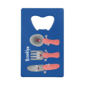 Cartoon van messenmakerswerk en van lepel creditkaart flessenopener (Voorkant)