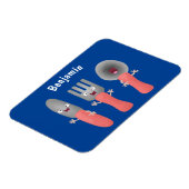 Cartoon van messenmakerswerk en van lepel magneet (Linkerzijde)