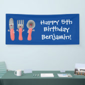 Cartoon van messenmakerswerk en van lepel spandoek (Beurs)