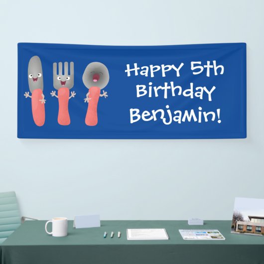 Cartoon van messenmakerswerk en van lepel spandoek (Beurs)