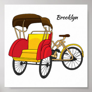 Cartoon van pedicab rickshaw poster