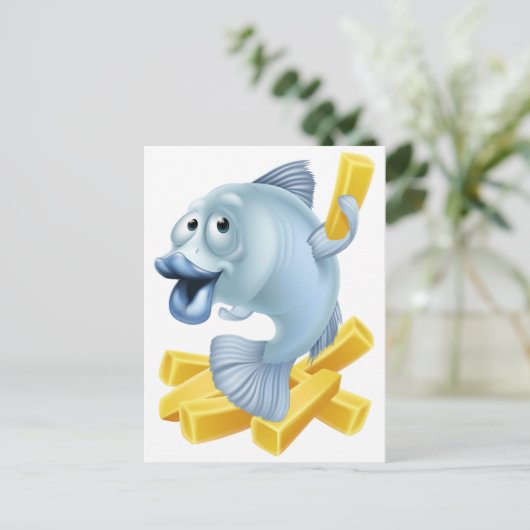 Cartoon van vis en chips briefkaart (Staand voorkant)