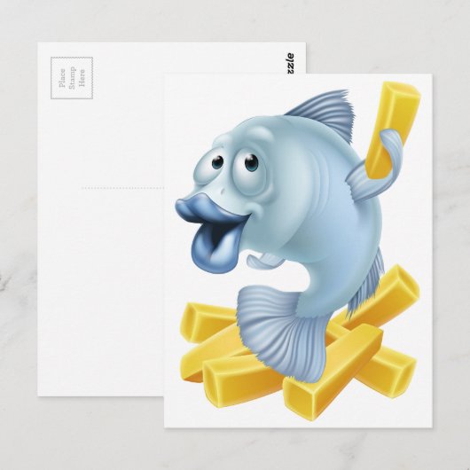 Cartoon van vis en chips briefkaart (Voorkant / Achterkant)