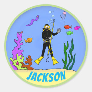 Cartoon van vlinderduiker met vissensticker ronde sticker