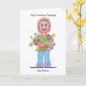 Cartoon van vrouw die een bos bloemen vasthoudt ka kaart (Gele Bloem)