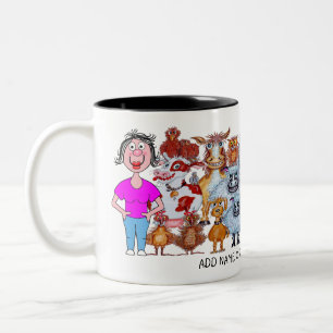 Cartoon van vrouw en dieren tweekleurige koffiemok