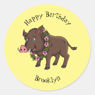 Cartoon van wilde zwijnen en bloemen ronde sticker