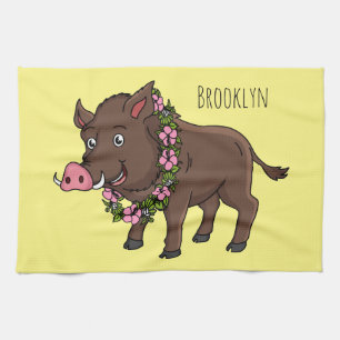 Cartoon van wilde zwijnen en bloemen theedoek