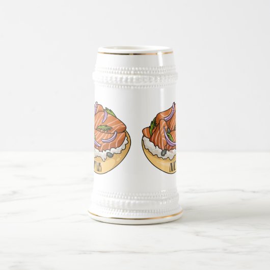 Cartoon van zalmbagel bierpul (Center)