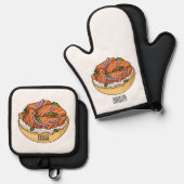 Cartoon van zalmbagel ovenwant & pannenlap set (Voorkant / Achterkant)