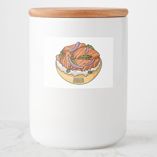 Cartoon van zalmbagel voedselcontainer etiket (Voorkant)