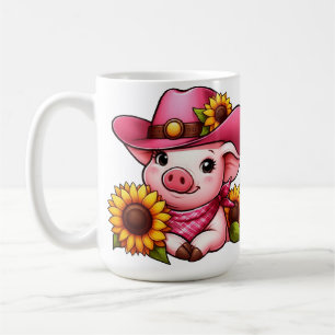 Cartoon varken met roze hoed en zonnebloemen koffiemok