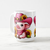 Cartoon Varken met Roze Pet en Zonnebloemen Koffiemok (Voorkant links)