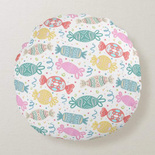 Cartoon, veelkleurige feestsnoepjes rond kussen (Voorkant)