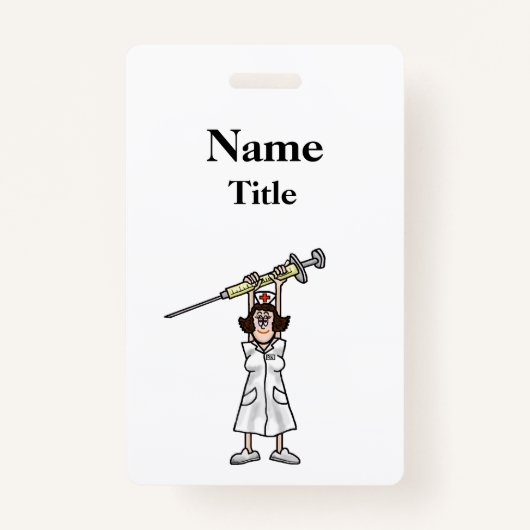 Cartoon verpleegster met injectiespuitje past het  badge (Voorkant)