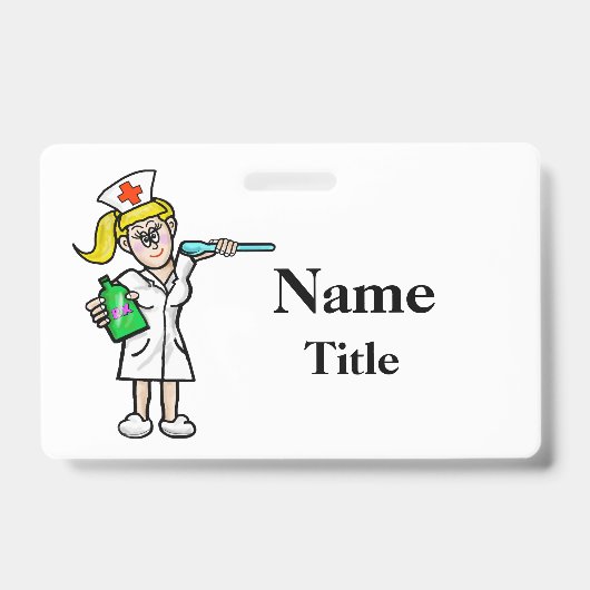 Cartoon verpleegster met medicijnbadge past zich a badge (Front)
