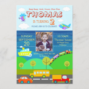 Cartoon Vervoer Personaliseer Birthday RSVP Kaart