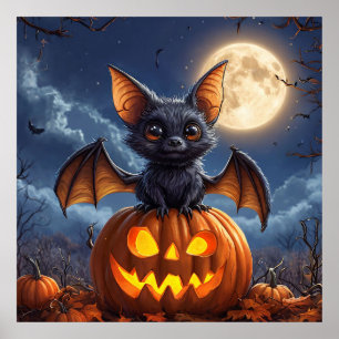 Cartoon Vleermuis Pompoenen Vollemaan Halloween Poster