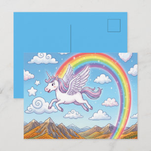 Cartoon vliegende eenhoorn met regenboog feestdagenkaart